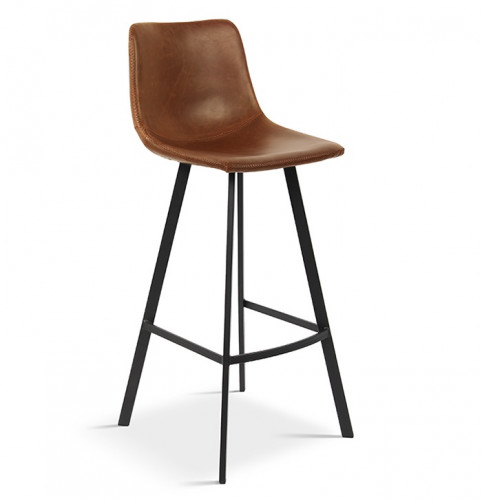 Tabouret de bar avec dossier style industriel assise simili cuir cognac pieds métal noir - H108 cm