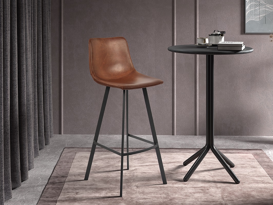 Tabouret de bar avec dossier style industriel assise simili cuir cognac  pieds métal noir - H108 cm