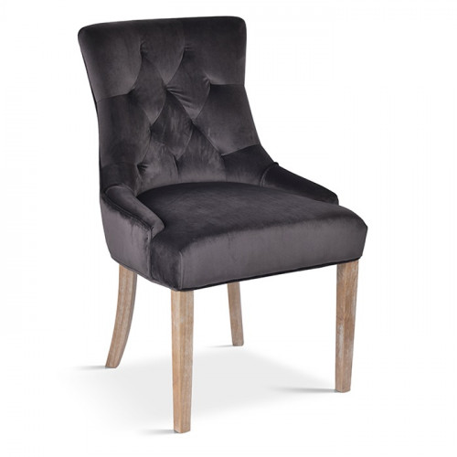 chaise de style chesterfield velours noir pieds en bois exotique naturel brossé - 57x60x93 cm