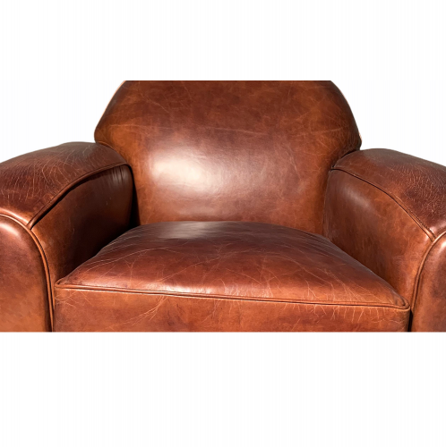 Fauteuil Club Vintage en cuir de vachette couleur cigare