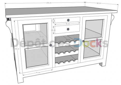 Ilot central de cuisine ROMANE avec porte bouteilles - 150x90x90 cm