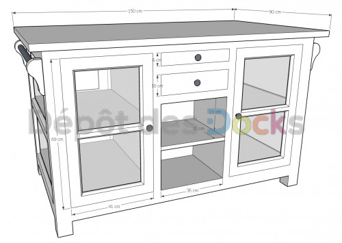 Ilot central de cuisine ROMANE avec porte bouteilles - 150x90x90 cm