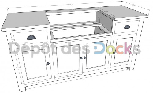 Meuble de cuisine ROMANE avec évier timbre double bacs intégré - 180x65x90 cm